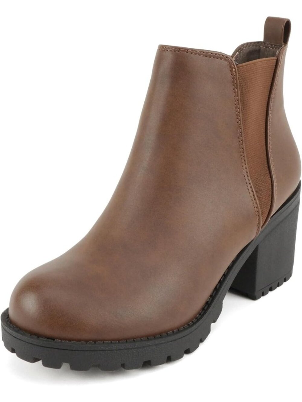 Womens Brown Origami Lug Sole Mid Heel Fashion Ankle Bootie Double Elastic Boot - Picture 2 of 6